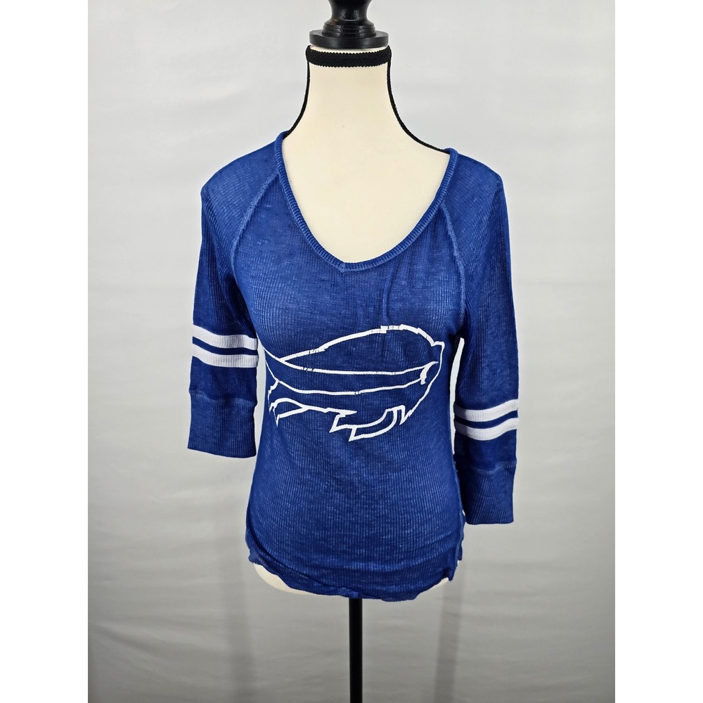Buffalo Bills Womens Blue Burnout Thermal V-Neck Shirt 3/4 Sleeve Medium
